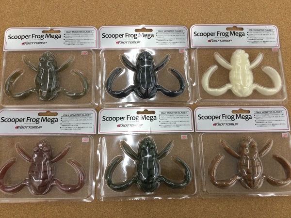 滋賀守山店　新製品入荷情報　ボトムアップ　スクーパーフロッグメガ、スナックジグ18ｇ、フランジャー、ヴァラップミノー5インチ、クネリー3.6インチ、メガバス　キリンジ90、ハイドアップ　スタッガーワイドツインテールポーク　入荷いたしました！サムネイル